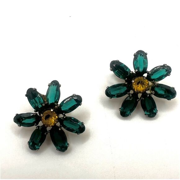 Vintage Sterling Silver Green & Yellow Glass Flower Clip-On Earrings - Picture 2 of 7
